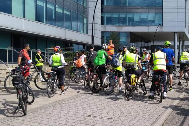 Simon Geller talking to cyclists before a ride up the Trans Pennine Trail