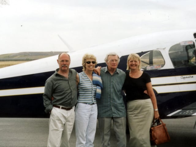 Lewis Wheeler and his family pictured at Sheffield City Airport. Celebrating his 80th birthday after a flight over the Derwent dams with Sheffield City Aviation