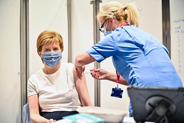 Photo dated 21/06/21 of First Minister of Scotland Nicola Sturgeon receiving her second dose of the Oxford/AstraZeneca Covid-19 vaccine. PA Media