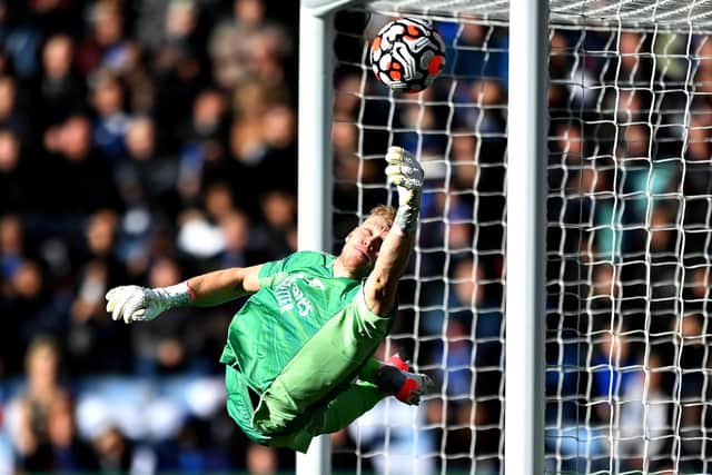 Former Sheffield United goalkeeper Aaron Ramsdale of Arsenal makes a save during the Premier League match between Leicester City and Arsenal (Michael Regan/Getty Images)