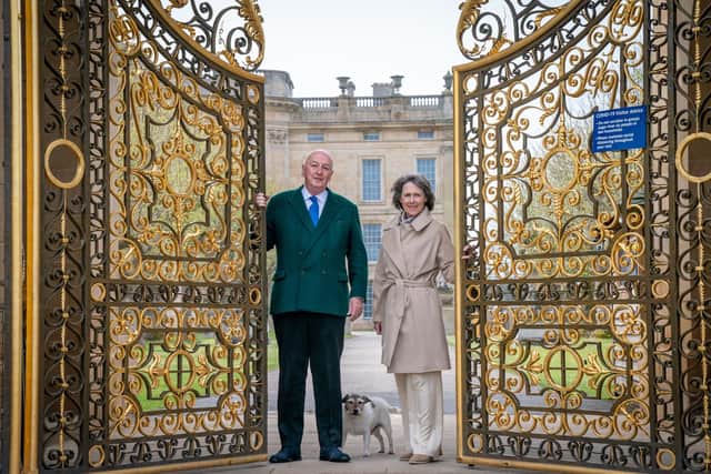 The Duke and Duchess of Devonshire pictured opening the gates to Chatsworth House in Bakewell, ahead of it reopening to the public on Tuesday May 18, following the further easing of lockdown restrictions. Picture: Danny Lawson/PA Wire