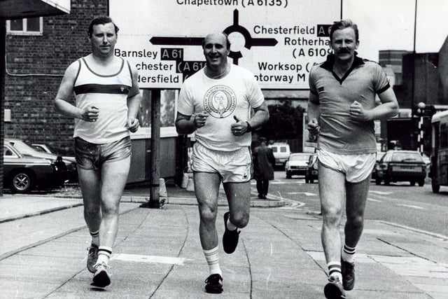 Sheffield policemen l/r Steve Hague, Peter Springett and Peter Black taking part in the 1986 Sheffield Marathon