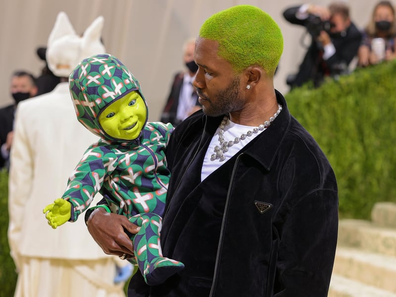 Frank Ocean with a robot baby attends The 2021 Met Gala Celebrating In America: A Lexicon Of Fashion at Metropolitan Museum of Art on September 13, 2021 in New York City. (Photo by Theo Wargo/Getty Images)