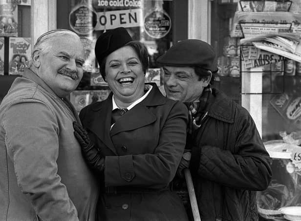 Lynda Baron with her co-stars Ronnie Barker and David Jason on set in Doncaster