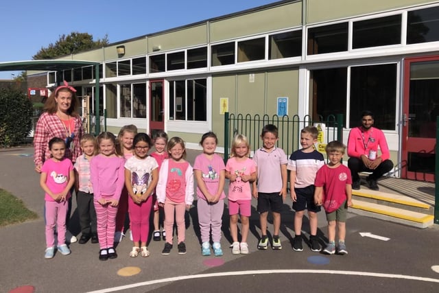 Think Pink week saw pupils across Havant don pink for Hannah's Holiday Home, mayoral charity of Cllr Prad Bains. Pictured: Mengham Infant School