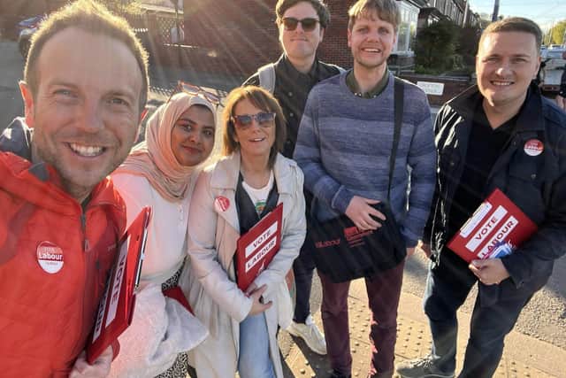 Wes Streeting joined a number of Sheffield Labour councillors, including Ben Miskell and Jayne Dunn, in Hillsborough to canvass ahead of Thursday's elections. Image: Ben Miskell, Twitter (@benmiskell)