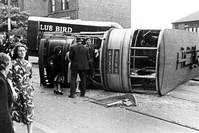 During the afternoon of July 17, 1950, a lorry collided with this tram after descending the steep hill of Derbyshire Lane, Meersbrook, Sheffield