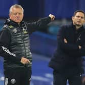 Chris Wilder manager of Sheffield United (L) reacts during the Premier League match at Stamford Bridge, London. Picture date: 7th November 2020. Picture credit should read: David Klein/Sportimage