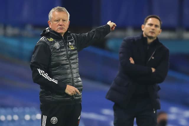 Chris Wilder manager of Sheffield United (L) reacts during the Premier League match at Stamford Bridge, London. Picture date: 7th November 2020. Picture credit should read: David Klein/Sportimage
