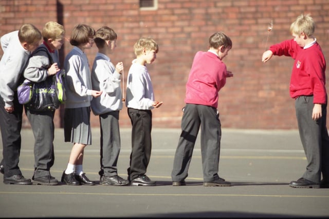 The 1995 weather caused problems with that year's crop of conkers but it didn't bother these year's pupils from Barnes Junior School.
Ian Dunn (right) accepts a challenge from Daniel Reekie, while waiting for their chance are (from left) Richard Marsden, Ryan Kent, Nicola Redpath, Mark Slaughter and Richard Divers.