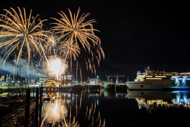 New Brittany Ferry Galicia arriving into Portsmouth from Santander, welcomed with fireworks. Picture: Portsmouth International Port/Paul Gonella/Strong Island Media
