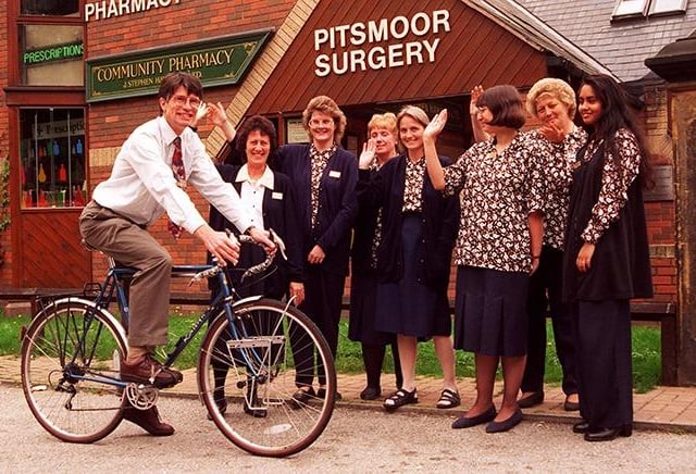 Dr Will Carlilse of Pitsmoor Surgery, Sheffield, is seen on his bike ready for his sponsored ride in the Holy Land. Seen waving him off are staff from the surgery, left to right, Jenny Parkin, Julie Martin, Kath Riley, Julie Mathews, Christine Webster, Rashida Ali and Raz Begun on September 10, 1996