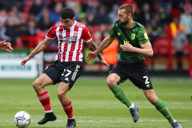 Morgan Gibbs-White of Sheffield United and Nathaniel Phillips of Bournemouth: Simon Bellis / Sportimage
