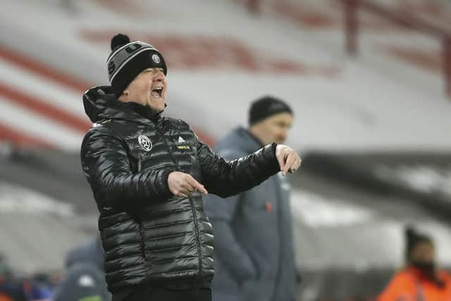 Sheffield United's manager Chris Wilder shouts out from the touchline during the Premier League match between Sheffield United and Aston Villa at Bramall Lane. (Tim Goode/Pool Photo via AP)
