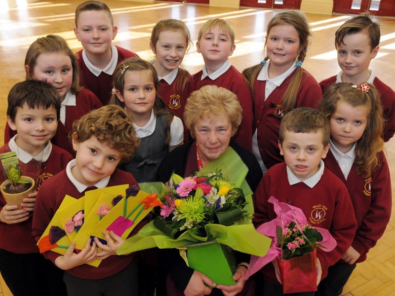 Retiring Valley View Primary School dinner lady Pat Nellist received gifts from members of the school council in 2014.