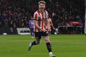Tommy Doyle, on loan at Sheffield United from Manchester City, celebrates his goal against Coventry City: Gary Oakley / Sportimage