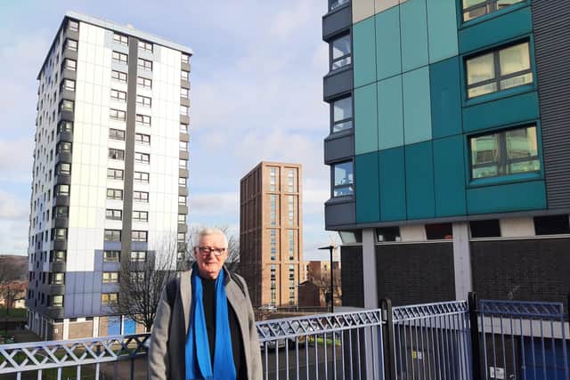 Sheffield Council housing campaigner Peter MacLoughlin near tower blocks in Netherthorpe, Sheffield that have suffered heating problems. Picture: LDRS