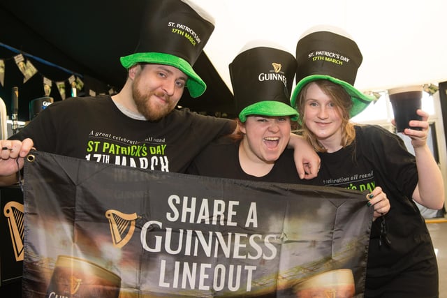 A St Patrick's Day celebration getting under way for the staff of the Frog and Parrot on Devonshire Green, Sheffield in 2016. Pictured are Luke Skinner Fawcett, Siobhan Humphries and Sara Charlesworth