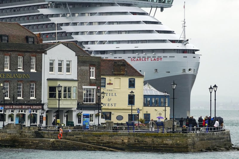 Virgin Voyage's luxury cruise ship Scarlet Lady arrives into Portsmouth for the first time. The 110,000-tonne liner is the largest ship to have ever docked in the city, bigger than both of the Royal Navy's aircraft carriers. Picture date: Monday June 21, 2021. PA Photo. Photo credit should read: Steve Parsons/PA Wire