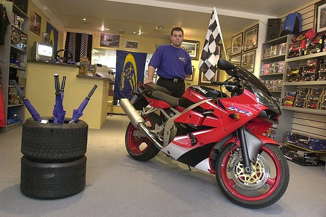 Stephen Wall in his Team Motorsport shop, Orchard Square, September 6, 2002