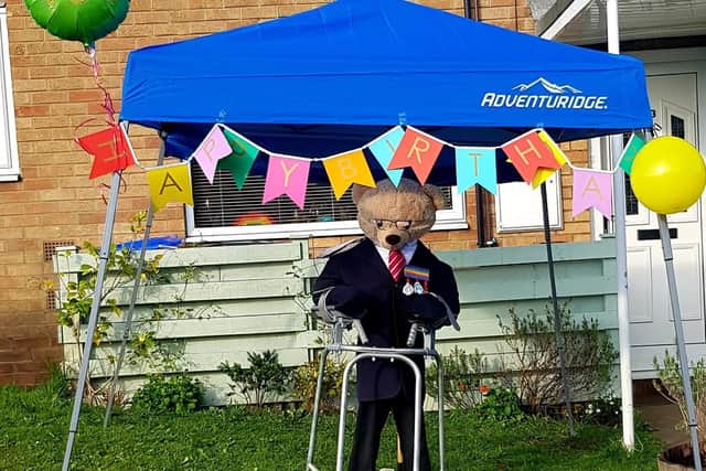 Alfiebear dressed as Colonel Tom Moore to mark his 100th birthday