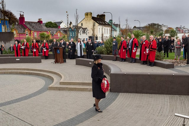 A wreath is laid at Carrickfergus Cenotaph by Deputy Lieutenant for County Antrim, Mrs Jackie Stewart.
