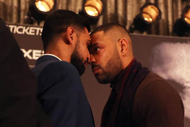 Amir Khan and Kell Brook go head-to-head as they announce an upcoming fight during a BOXXER Press Conference at Hilton Park Lane on November 29, 2021 in London, England. (Photo by Warren Little/Getty Images)