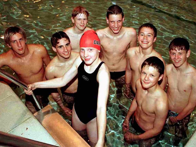 Members of Doncaster DARTS swimming club who have qualified for the National Age Group Swimming Championshipsin 1998. Pictured L-R Sam Sedden, Heathcliffe Aldridge, Christina Bailey, Michael Gartside, Matthew Pears, James Male, Andrew Davies, Stuart Preston.