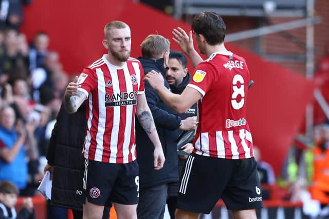 Oli McBurnie comes on during Sheffield United's win over Barnsley at Bramall Lane: Darren Staples / Sportimage