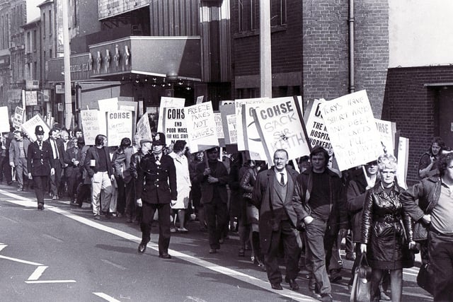 Protesting hospital workers march up the Wicker for a rally at the City Hall, Sheffield - March 23, 1973