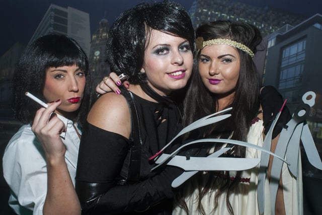 Katie Gothard (as Uma Therman in Pulp Fiction) Claire Storey (Edward Scissorhands) and Ellie Stokes at Sheffield's Biggest Fancy Dress Ball in The Hubs, Hallam University, Paternoster Row, Sheffield in April 2013