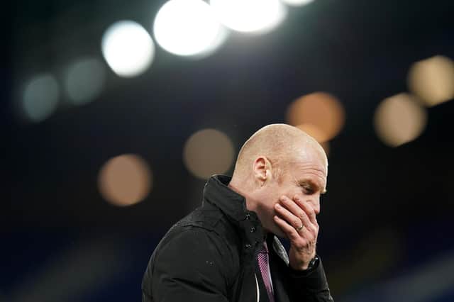 Sean Dyche, manager of Burnley, looks on during the Premier League match between Everton and Burnley at Goodison Park on March 13, 2021.
