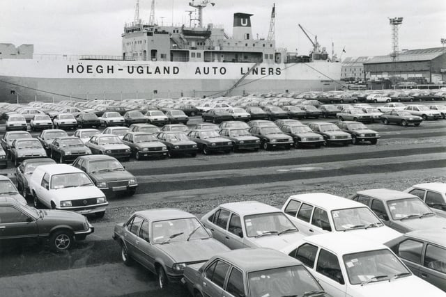 New Opel cars at Hartlepool docks with the transporter ship Autoroute in the background.