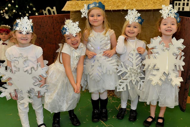 These stage stars were dressed as snowflakes in the Eldon Academy Nativity play.
