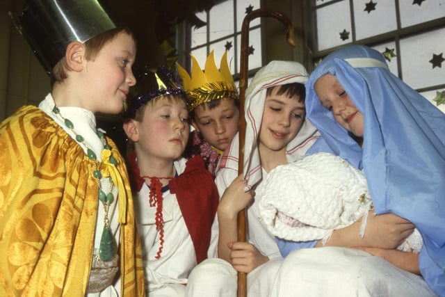 The Redby Junior School Nativity in 1987. Pictured left to right:  Paul Atkinson, 8; Paul Calvert, 10; Richard Aslett, 10; Simon Belmont, 11 and Clair Burnett, 10.