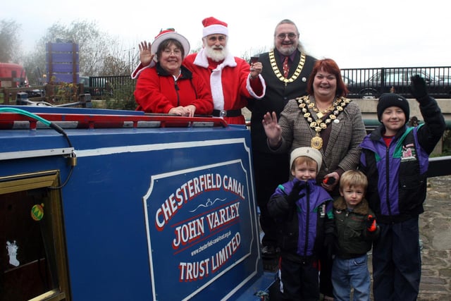Chesterfield Canal Santa rides. Mr and Mrs Claus with Mayor and Consort Chris and Kevin Ludlow with L-R, Thomas ,William and Joseph Derbyshire in 2007