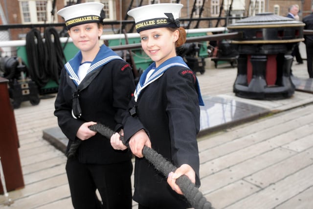Hartlepool sea cadets Levi Williams (left) and Dionne Roberts carry out a training exercise on board HMS Trincomalee in 2012.