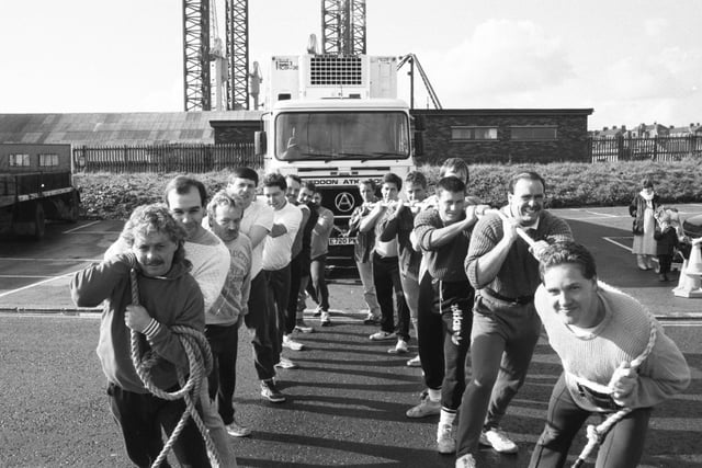 This team of charity lorry pullers from Crowtree Leisure Centre should feel proud of themselves after this effort in October 1987. Recognise any of them?