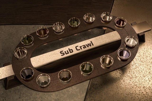 The famous sub crawl gets a nod in this tray of shots.