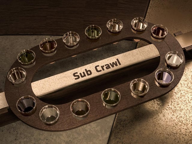 The famous sub crawl gets a nod in this tray of shots.