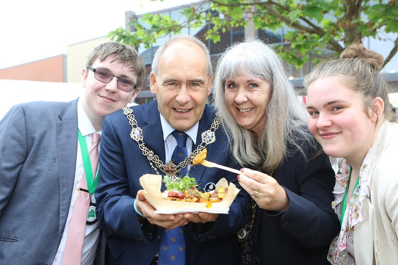 Worksop Mayor and Mayoress Tony and Julie Eaton are joined for a taste by the Junior Mayors Malachi Carroll and Holly Foster.