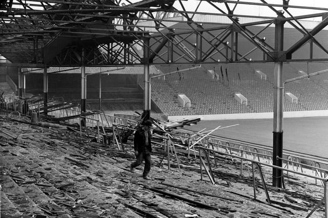 The demolition of Leppings Lane Stand at the Sheffield Wednesday FC Hillsborough Football Ground, pictured on July 23, 1965. Ref no: s28974