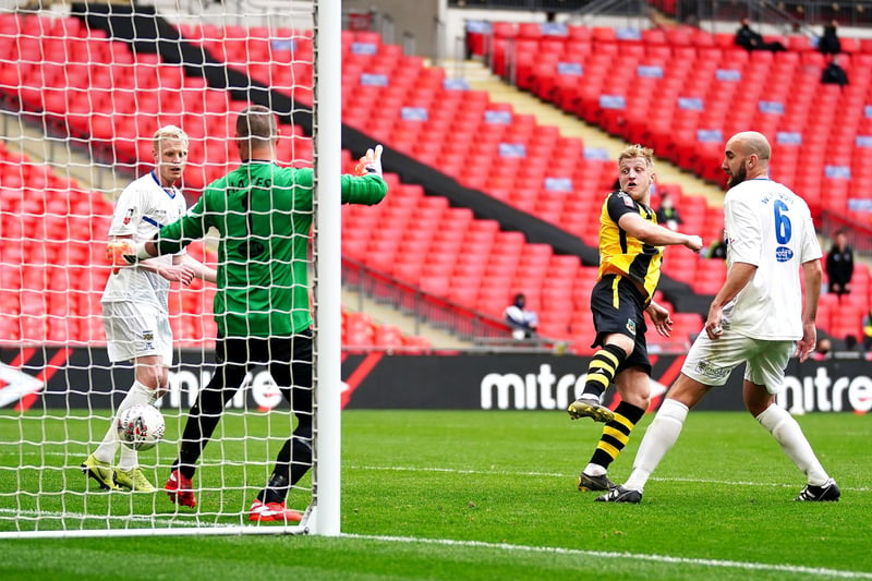 Hebburn Town's Thomas Potter (centre) shoots towards goal during the Buildbase FA Vase 2019/20 Final at Wembley Stadium, London.