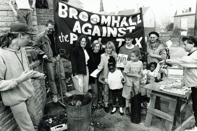 The Broomhall Against the Poll Tax group burn their poll tax bills at the Broomspring Centre in April 1990