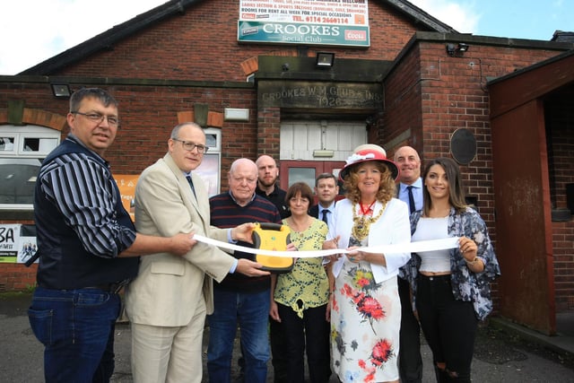The unveiling of a new defibrillator at Crookes Social Club in 2017  with the Lord Mayor of Sheffield Anne Murphy and customers and locals who helped fundraise to get the defibrillator.