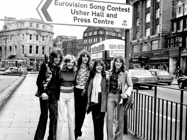Here you can see The New Seekers on the West End of Princes Street, by a sign that points in the direction of the Usher Hall, where the Eurovision song contest took place. The New Seekers were the UK entry in 1972.
