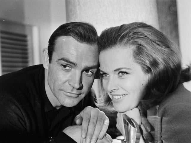 James Bond actors Sean Connery and Honor Blackman, to promote the film 'Goldfinger', 1964.
