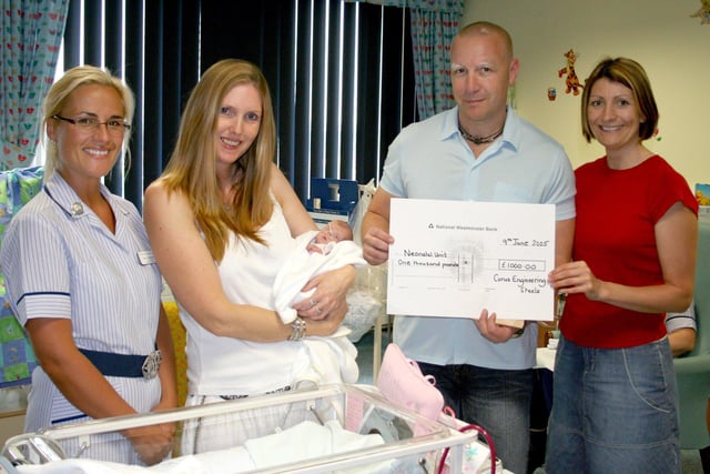 A cheque for £1000 was presented to the Neonatal Unit at Doncaster Royal Infirmary from Corus Engineering Steels in 2005.
Pictured from left to right are Lisa Aneywood, Staff Nurse; Jenny Greenslade, a patient at Doncaster Royal Infirmary,  with her baby Lili; Andrew Smith, Corus Engineering, Inspection Team Leader at Thrybrough Bar Mill and his wife Karen Smith, Staff Nurse in Obstetric Theatres at Doncaster Royal Infirmary.