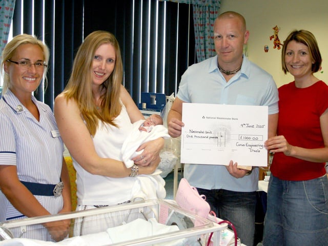 A cheque for £1000 was presented to the Neonatal Unit at Doncaster Royal Infirmary from Corus Engineering Steels in 2005.
Pictured from left to right are Lisa Aneywood, Staff Nurse; Jenny Greenslade, a patient at Doncaster Royal Infirmary, with her baby Lili; Andrew Smith, Corus Engineering, Inspection Team Leader at Thrybrough Bar Mill and his wife Karen Smith, Staff Nurse in Obstetric Theatres at Doncaster Royal Infirmary.