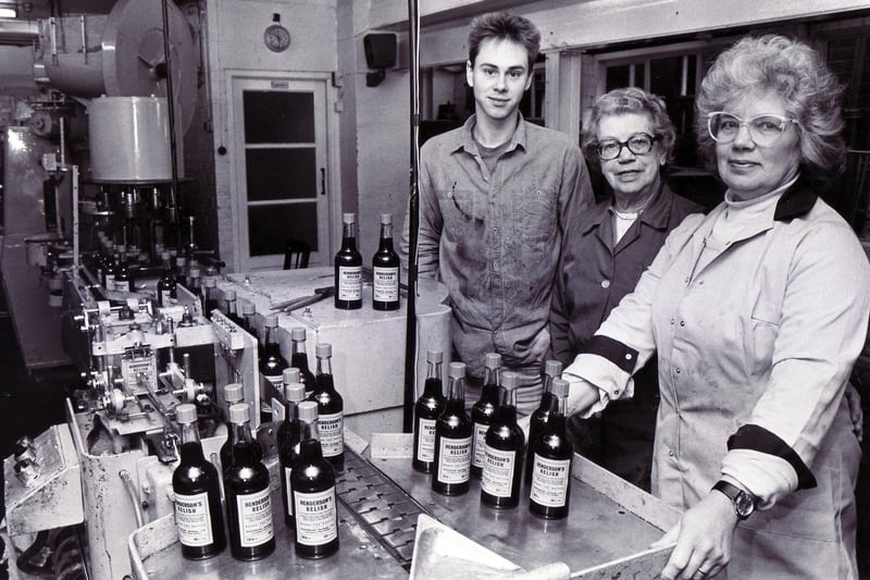 Our picture shows owner, Constance Freeman, centre, with manager, Kathleen Spivey and maintenance engineer, Duncan Gillespie, on the bottling line at the Henderson's Relish factory in March1987